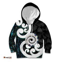 Aotearoa Koru Kid Hoodie Cyan Maori Paua Shell Mix Silver Fern LT14