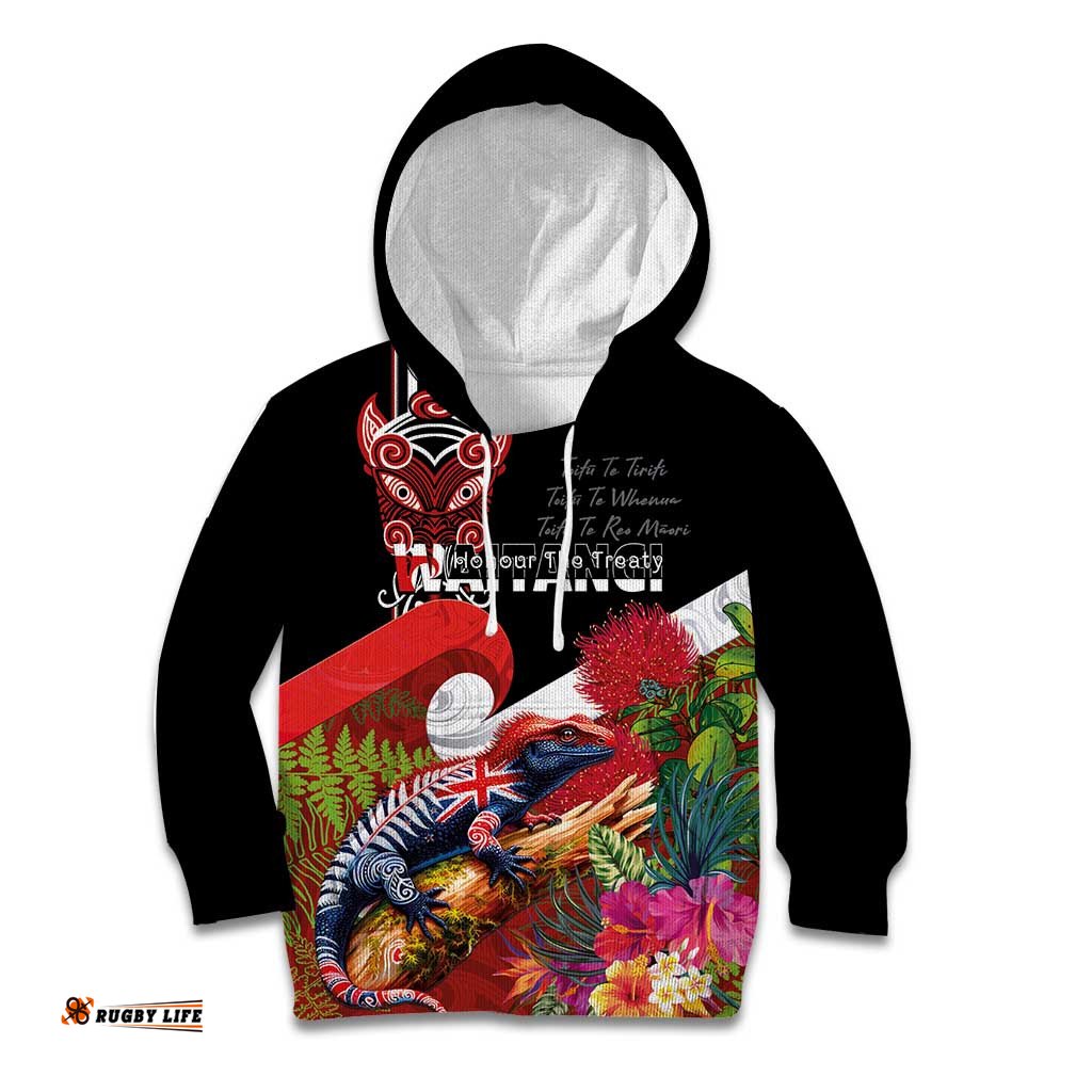 Aotearoa Toitu Te Tiriti Kid Hoodie Waitangi-Honour The Treaty NZ Tuatara and Plants LT03