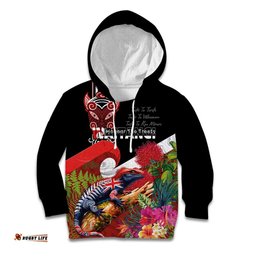 Aotearoa Toitu Te Tiriti Kid Hoodie Waitangi-Honour The Treaty NZ Tuatara and Plants LT03