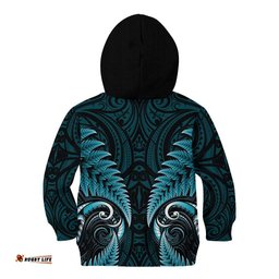 Aotearoa Pounamu Niho Kid Hoodie Silver Fern Mix Maori Pattern - Turquoise LT14