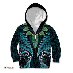 Aotearoa Pounamu Niho Kid Hoodie Silver Fern Mix Maori Pattern - Turquoise LT14