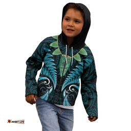 Aotearoa Pounamu Niho Kid Hoodie Silver Fern Mix Maori Pattern - Turquoise LT14