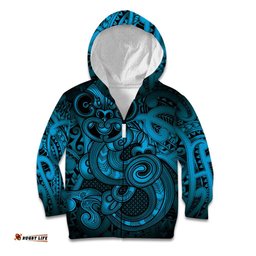 Aotearoa Maori Hei Tiki Kid Hoodie Kikorangi Kowhaiwhai Puhoro Motif LT9
