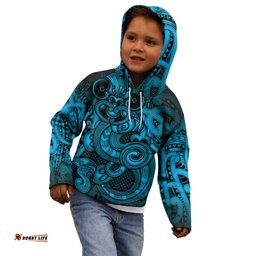 Aotearoa Maori Hei Tiki Kid Hoodie Kikorangi Kowhaiwhai Puhoro Motif LT9