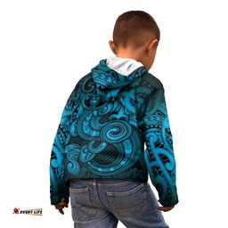 Aotearoa Maori Hei Tiki Kid Hoodie Kikorangi Kowhaiwhai Puhoro Motif LT9