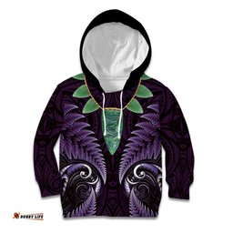 Aotearoa Pounamu Niho Kid Hoodie Silver Fern Mix Maori Pattern - Purple LT14