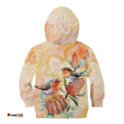 Australia Flame Robin Kid Hoodie Petroica Phoenicea Banksia Indigenous Art LT14