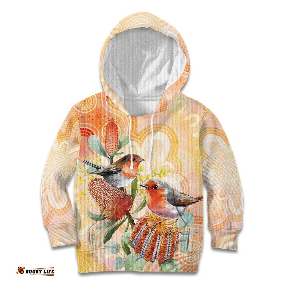 Australia Flame Robin Kid Hoodie Petroica Phoenicea Banksia Indigenous Art LT14