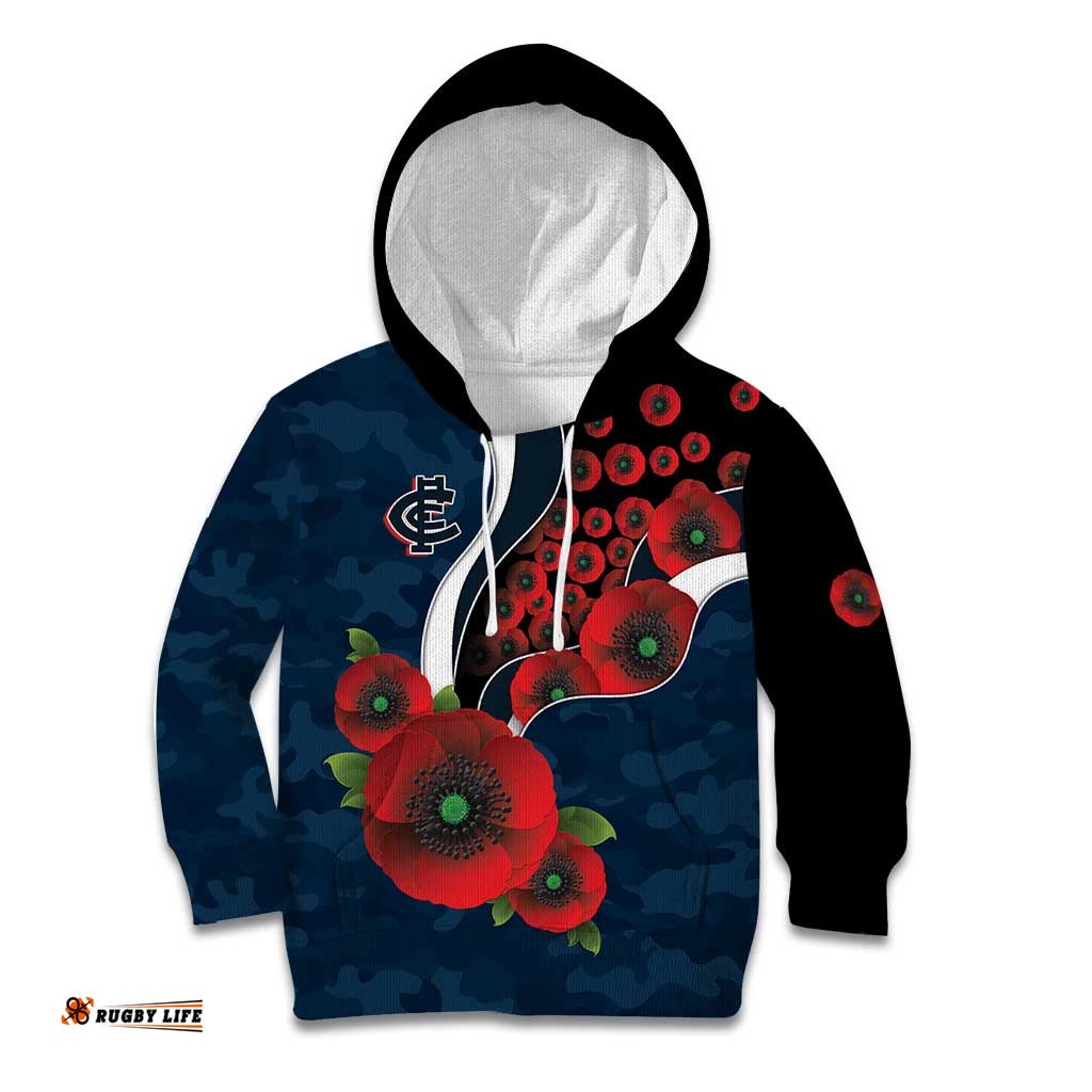 Carlton Blues ANZAC Personalised Kid Hoodie Lest We Forget Poppy Camo LT9