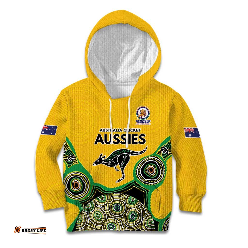 Custom Australia Cricket Spirit 2026 Kid Hoodie World T20 Edition - Gold Aboriginal LT9