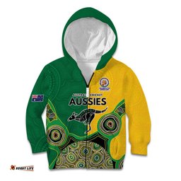 Custom Australia Cricket Spirit 2026 Kid Hoodie World T20 Edition - Aussie Color Aboriginal Motif LT9