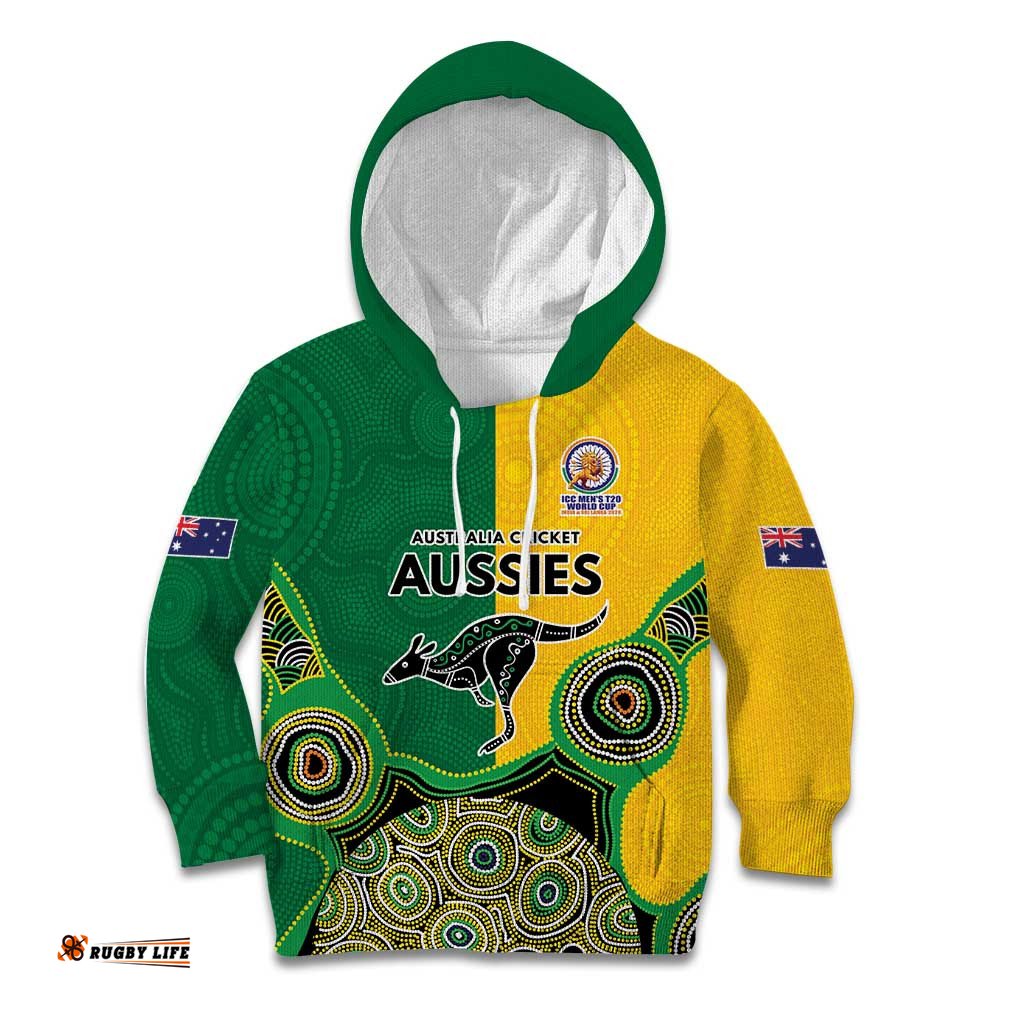 Custom Australia Cricket Spirit 2026 Kid Hoodie World T20 Edition - Aussie Color Aboriginal Motif LT9