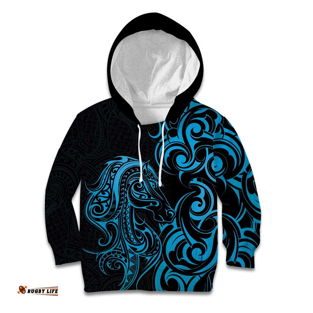Blue Aoteara Horse Racing Kid Hoodie NZ Maori Pattern LT14