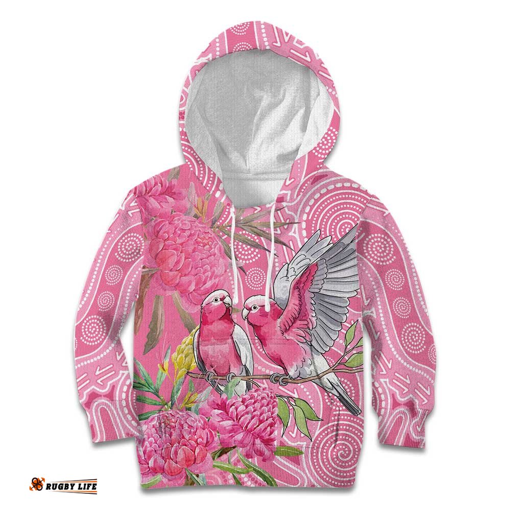 Australia Pink Galah Kid Hoodie Rose-breasted Cockatoo Waratah Indigenous Art LT14