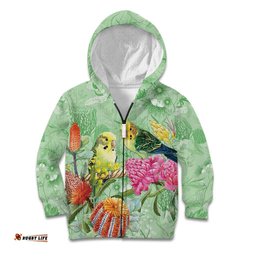 Birds and Floral Aussie Budgerigars Kid Hoodie Mint Opal LT7