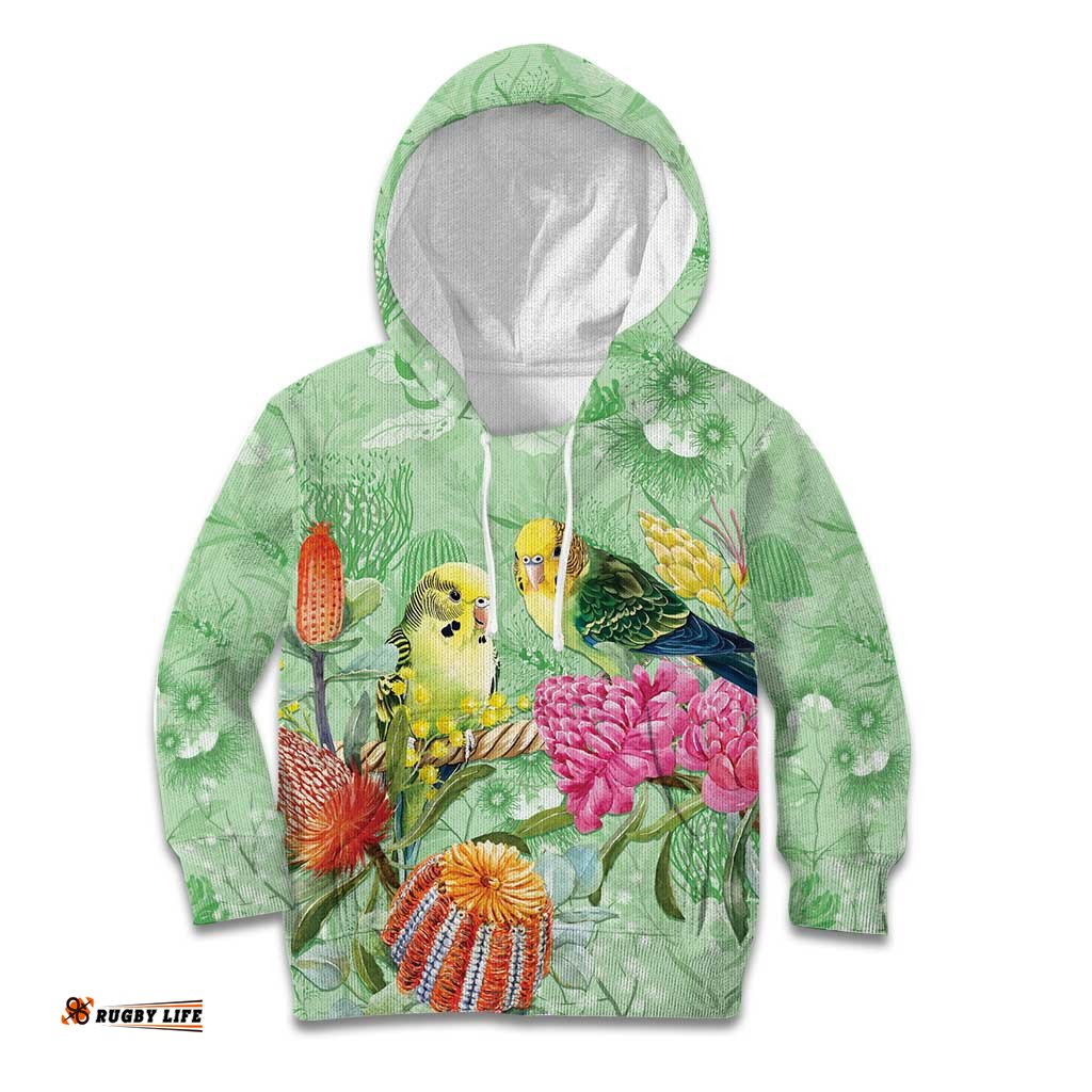 Birds and Floral Aussie Budgerigars Kid Hoodie Mint Opal LT7