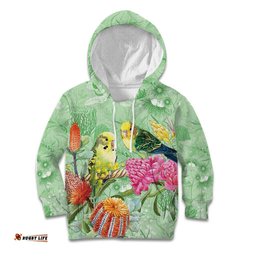 Birds and Floral Aussie Budgerigars Kid Hoodie Mint Opal LT7