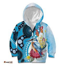 Australia Azure Kingfisher Kid Hoodie Australian Native Flowers Indigenous Art LT14