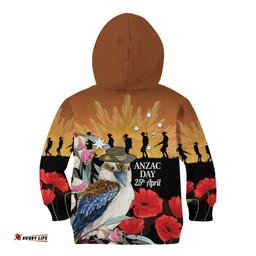 Australia Kookaburra ANZAC Day Kid Hoodie Rising Sun 25th April Poppy Eucalyptus Blossoms LT14