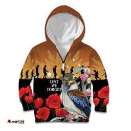 Australia Kookaburra ANZAC Day Kid Hoodie Rising Sun 25th April Poppy Eucalyptus Blossoms LT14