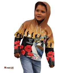 Australia Kookaburra ANZAC Day Kid Hoodie Rising Sun 25th April Poppy Eucalyptus Blossoms LT14
