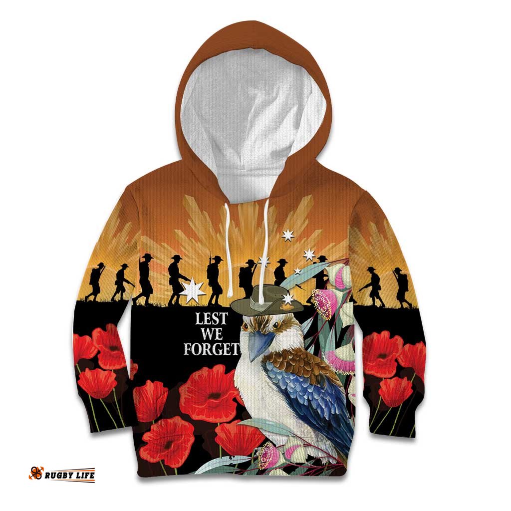 Australia Kookaburra ANZAC Day Kid Hoodie Rising Sun 25th April Poppy Eucalyptus Blossoms LT14