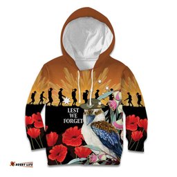 Australia Kookaburra ANZAC Day Kid Hoodie Rising Sun 25th April Poppy Eucalyptus Blossoms LT14