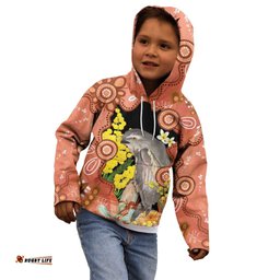 Australia Tawny Frogmouth Kid Hoodie Golden Wattle Banksia Aboriginal Art LT14