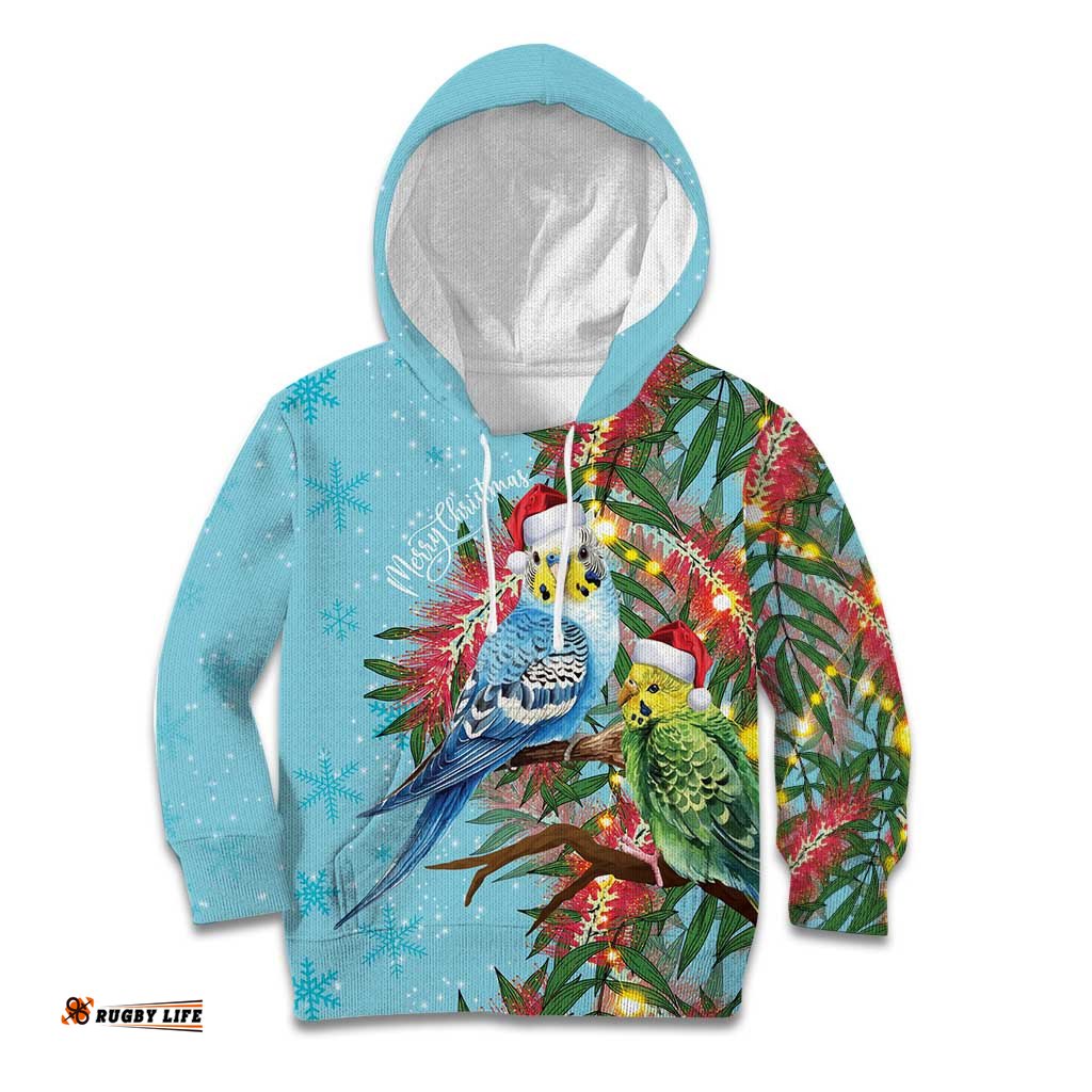 Blue Budgies on Callistemon Kid Hoodie Merry Christmas Aussie LT7