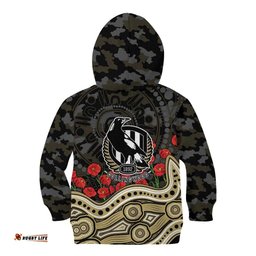Collingwood Magpies ANZAC Day Kid Hoodie Indigenous Dot Art with Poppy Flower Tribute TS04