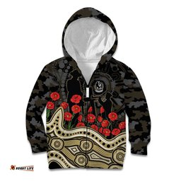 Collingwood Magpies ANZAC Day Kid Hoodie Indigenous Dot Art with Poppy Flower Tribute TS04