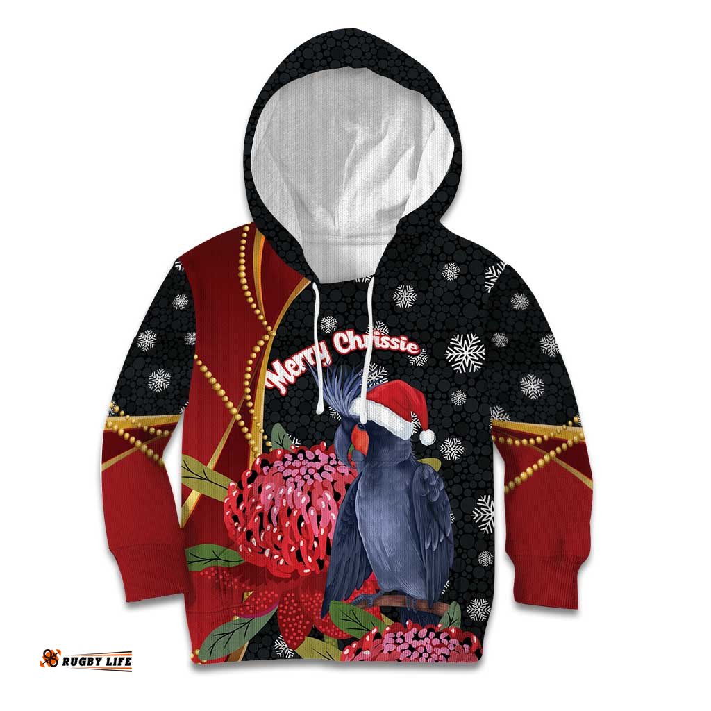 Australia Palm Cockatoo Christmas Kid Hoodie Probosciger Aterrimus Waratah Merry Chrissie LT14
