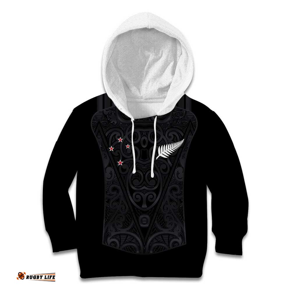 Custom Aotearoa Rugby Kid Hoodie Fern Blacks-Traditional Maori Motifs Design LT03