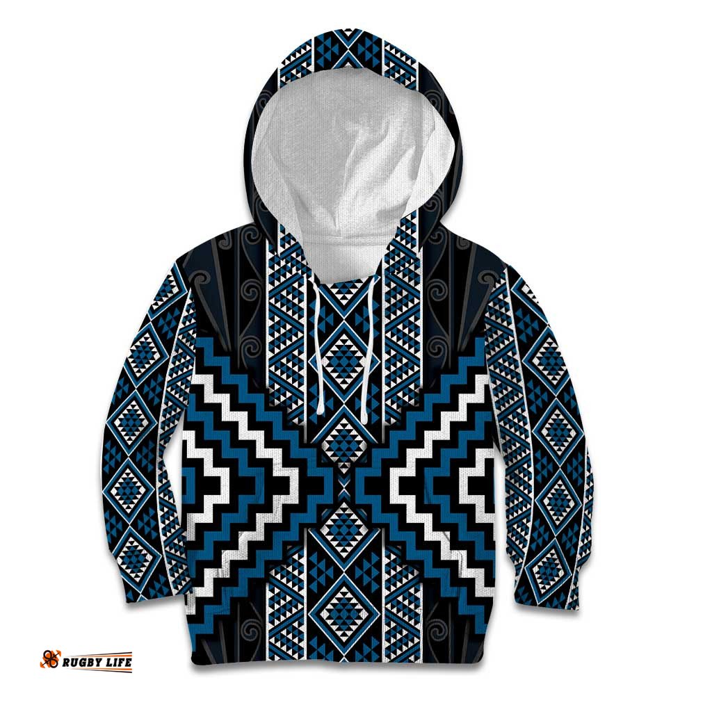 Azure Tukutuku Pattern Aotearoa Kid Hoodie Niho Taniwha and Puhoro Motifs LT7