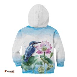 Australia Azure Kingfisher Kid Hoodie Ceyx Azureus Sacred Lotus Watercolor LT14