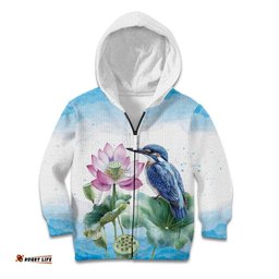 Australia Azure Kingfisher Kid Hoodie Ceyx Azureus Sacred Lotus Watercolor LT14