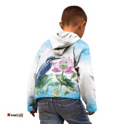 Australia Azure Kingfisher Kid Hoodie Ceyx Azureus Sacred Lotus Watercolor LT14