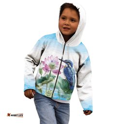 Australia Azure Kingfisher Kid Hoodie Ceyx Azureus Sacred Lotus Watercolor LT14