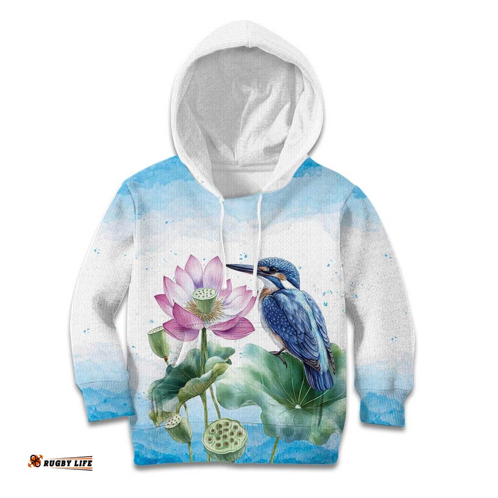 Australia Azure Kingfisher Kid Hoodie Ceyx Azureus Sacred Lotus Watercolor LT14