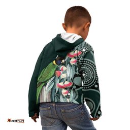 Australian Ringneck Parrot Kid Hoodie Barnardius Zonarius Eucalyptus Flowers Aboriginal Art LT14