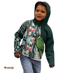Australian Ringneck Parrot Kid Hoodie Barnardius Zonarius Eucalyptus Flowers Aboriginal Art LT14