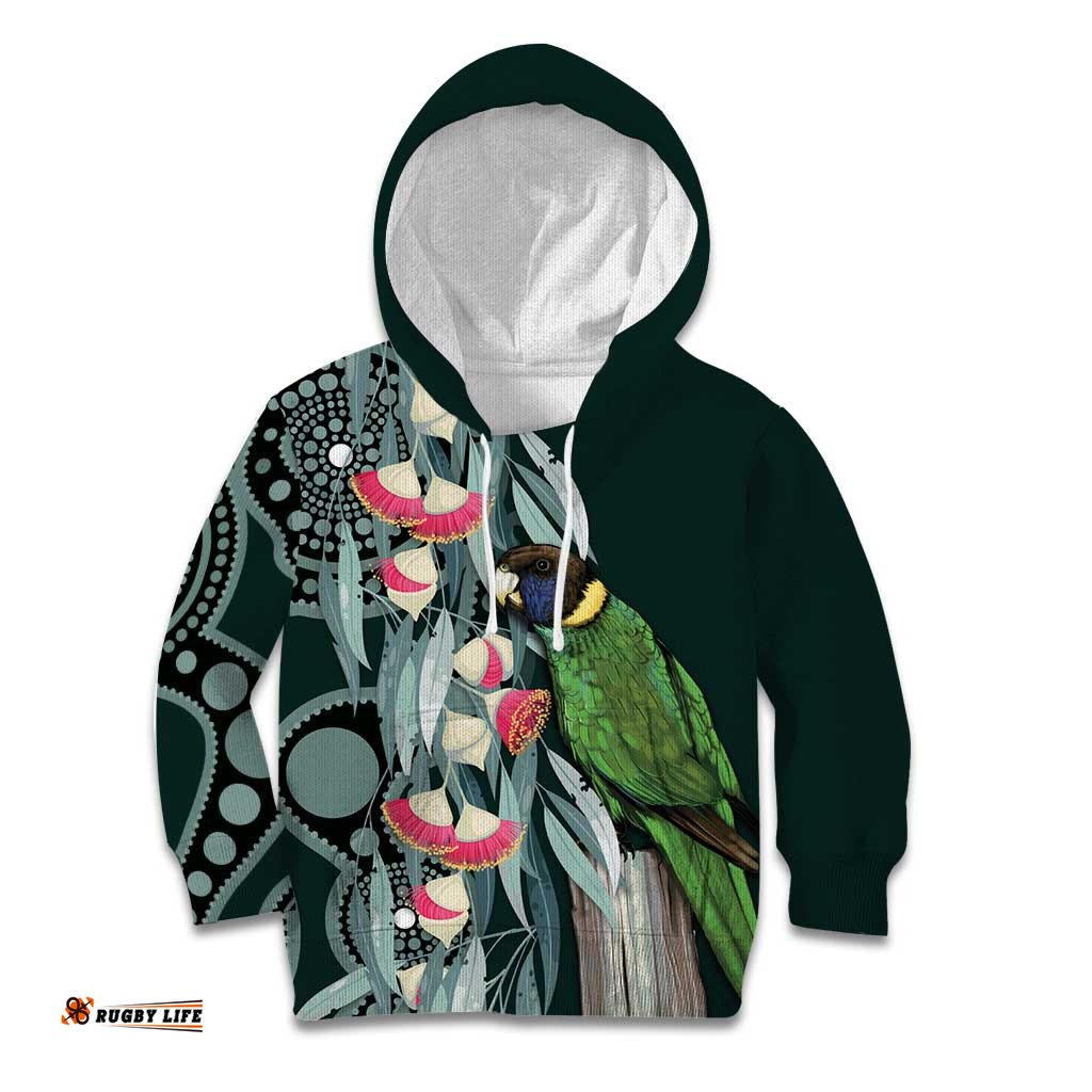 Australian Ringneck Parrot Kid Hoodie Barnardius Zonarius Eucalyptus Flowers Aboriginal Art LT14