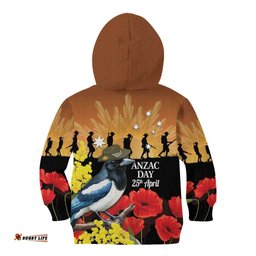 Australia Magpie ANZAC Day Kid Hoodie Rising Sun 25th April Poppy Golden Wattle LT14