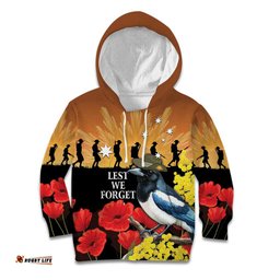 Australia Magpie ANZAC Day Kid Hoodie Rising Sun 25th April Poppy Golden Wattle LT14