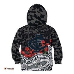 Carlton Blues ANZAC Day Kid Hoodie Indigenous Dot Art with Poppy Flower Tribute TS04