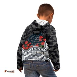 Carlton Blues ANZAC Day Kid Hoodie Indigenous Dot Art with Poppy Flower Tribute TS04