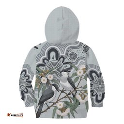 Australia Grey Butcherbird Kid Hoodie Eucalyptus Alba Indigenous Art LT14