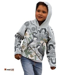 Australia Grey Butcherbird Kid Hoodie Eucalyptus Alba Indigenous Art LT14