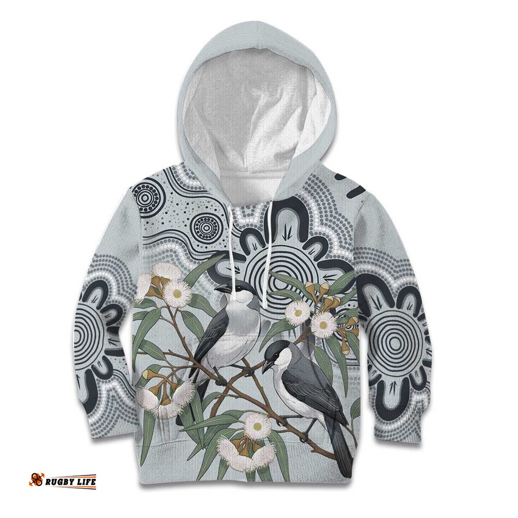 Australia Grey Butcherbird Kid Hoodie Eucalyptus Alba Indigenous Art LT14