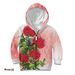 New Zealand Fantail Kid Hoodie Maori Koru With Pohutukawa Flowers LT05